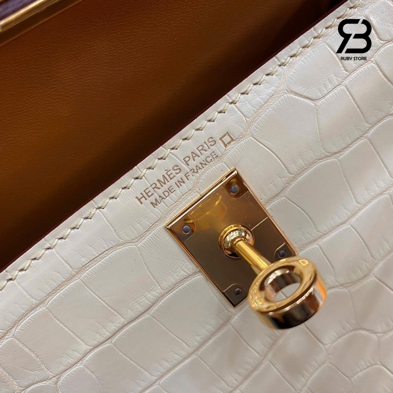 Túi Hermes Kelly Mini II 20 Bicolor Vanilla Gold Matte Alligator GHW màu kem sang trọng