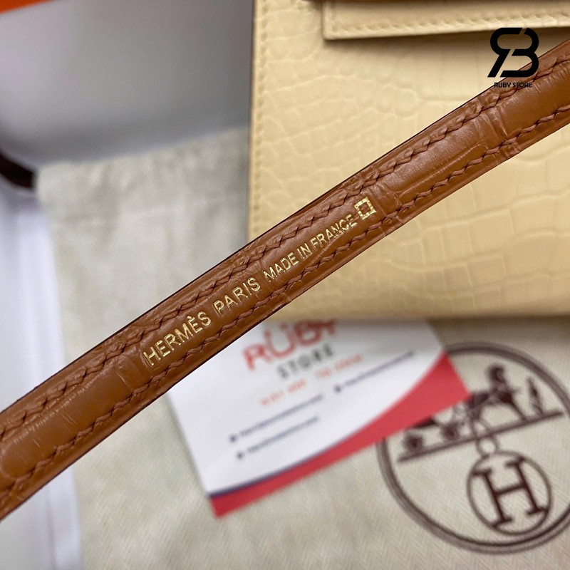 Túi Hermes Kelly Mini II 20 Bicolor Vanilla Gold Matte Alligator GHW Màu Kem Best Pháp