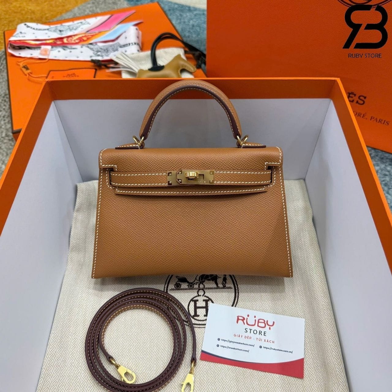 Túi Hermes Mini Kelly II 20 Gold Epsom GHW Nâu Best Pháp góc nghiêng chi tiết
