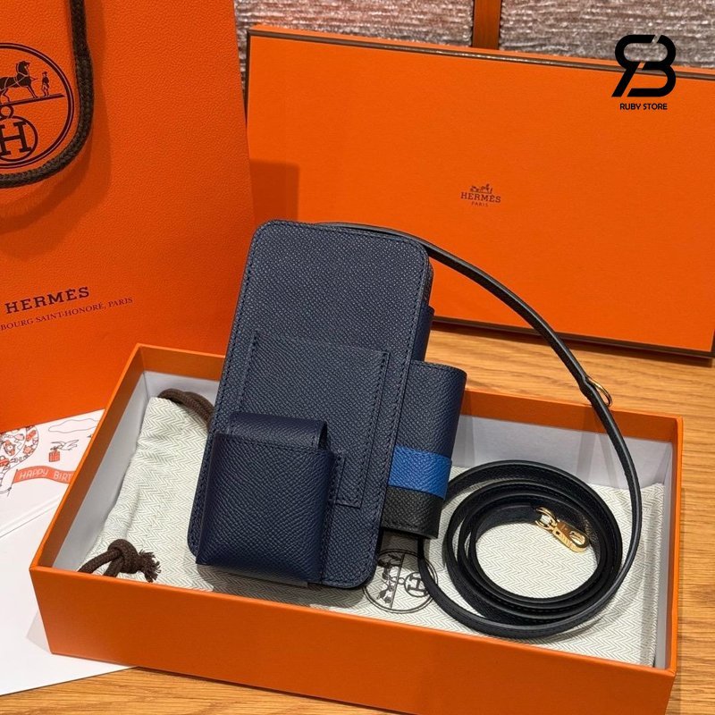 Túi Hermèsway Phone Case Blue Saphir Epsom GHW góc nghiêng chi tiết