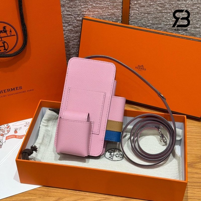 Túi Hermèsway Phone Case Mauve Epsom PHW chi tiết góc nghiêng