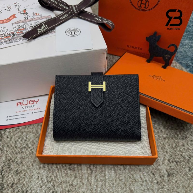 Ví Hermes Bearn Compact Wallet Noir Madame Calfskin GHW màu đen sang trọng