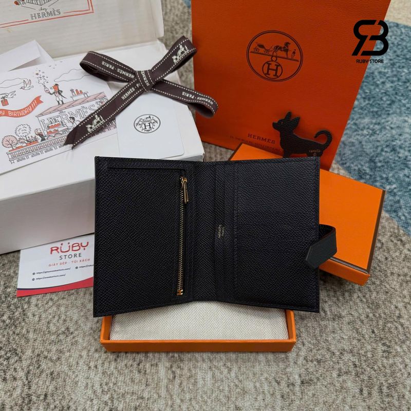 Ví Hermes Bearn Compact Wallet Noir Madame Calfskin GHW màu đen sang trọng