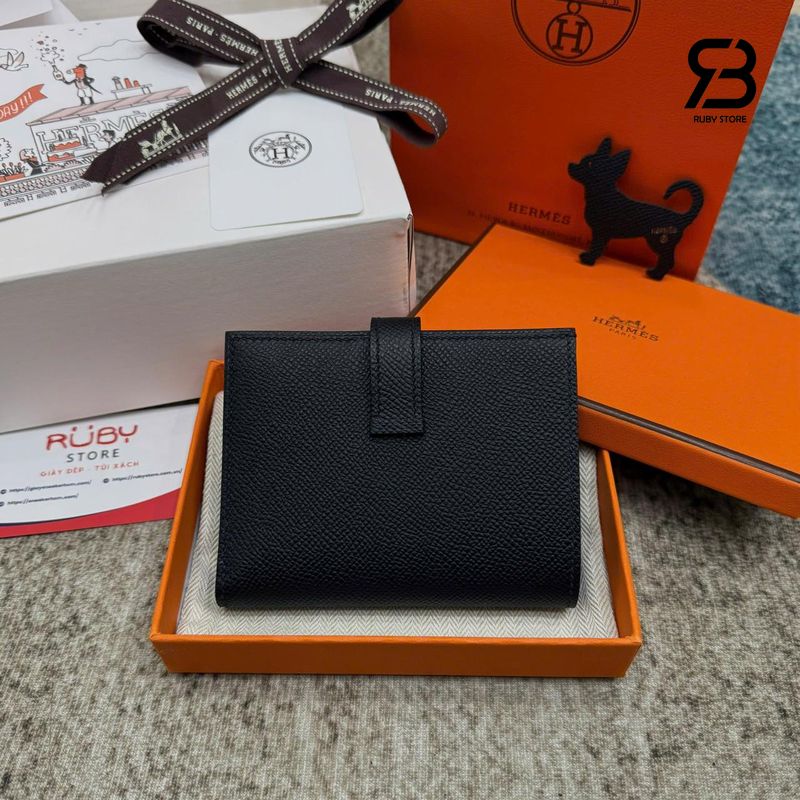 Ví Hermes Bearn Compact Wallet Noir Madame Calfskin GHW màu đen sang trọng
