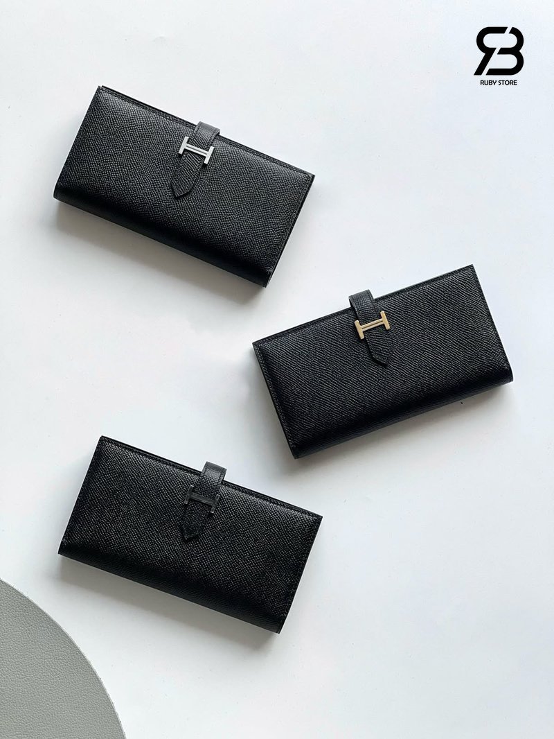 Ví Hermes Bearn Long Monochrome Wallet Noir Madame So Black chi tiết góc nghiêng
