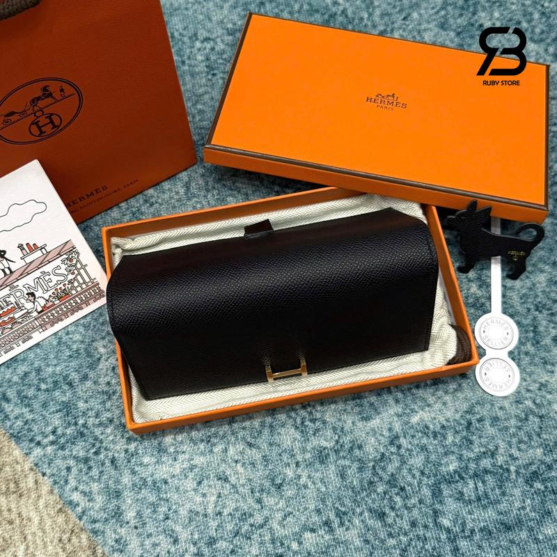 Chi tiết logo khóa ví Hermes Bearn Long Wallet Noir Epsom Black Best Pháp