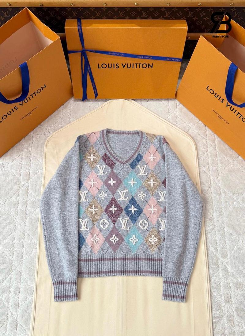 Áo Len LV 3D Signature Argyle Pullover 1AIQE3 Heather Grey chất lượng tốt