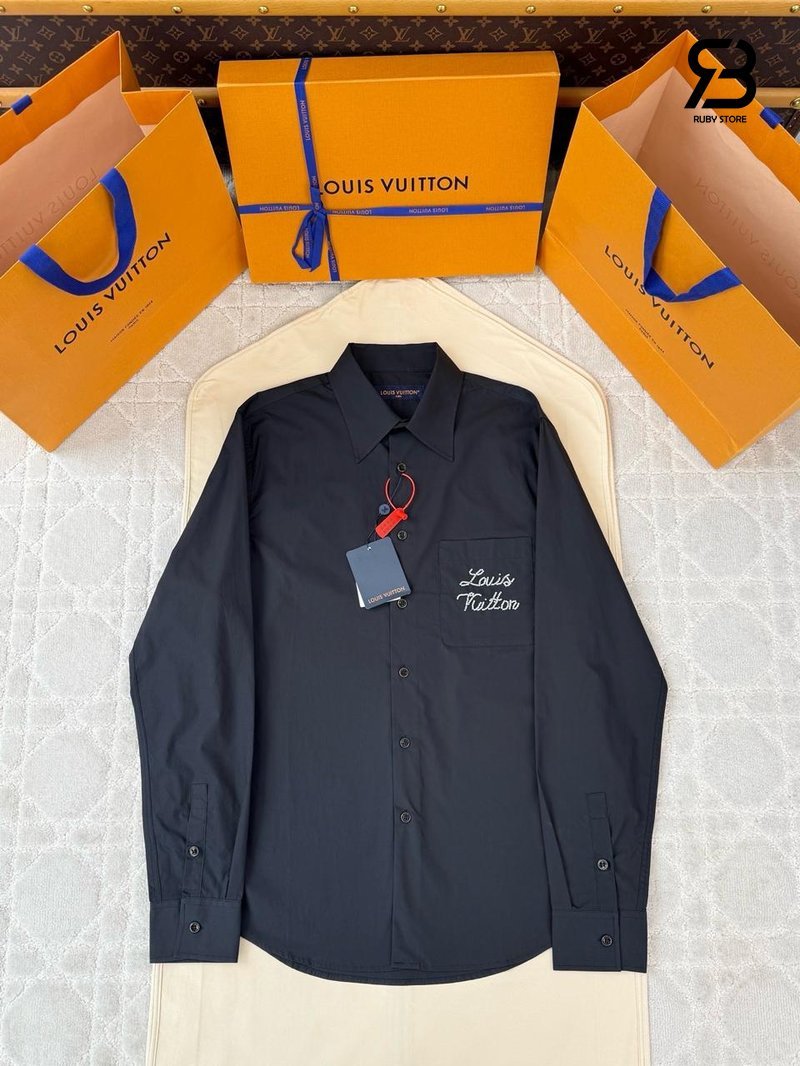 Áo Sơ Mi LV Embroidered Signature Long Sleeved Shirt 1AIMJ4 Black chất lượng tốt