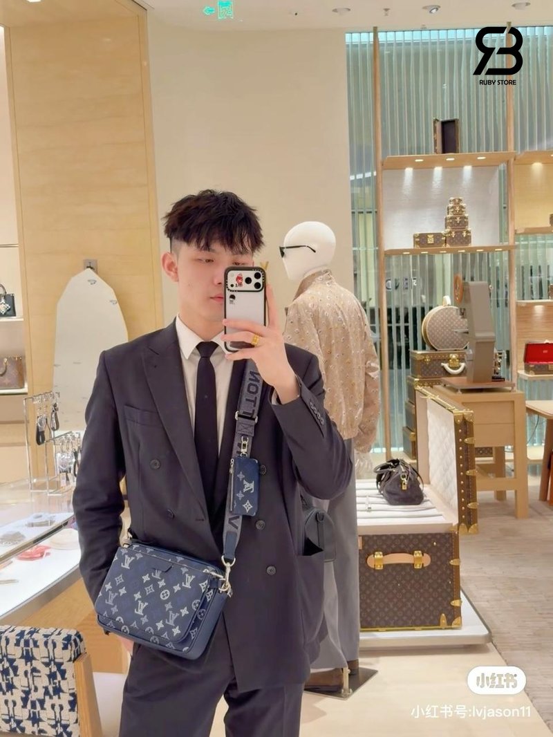 Túi LV Trio Messenger Bag M28618 Monogram Shadow Navy Blue chính hãng Pháp