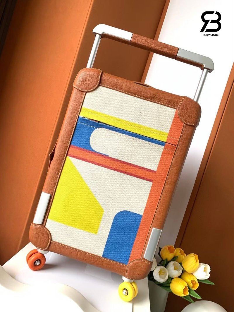 Vali R.M.S Cabin suitcase Hermès Pacific H Plume Canvas và Taurillon Leather Màu Cam